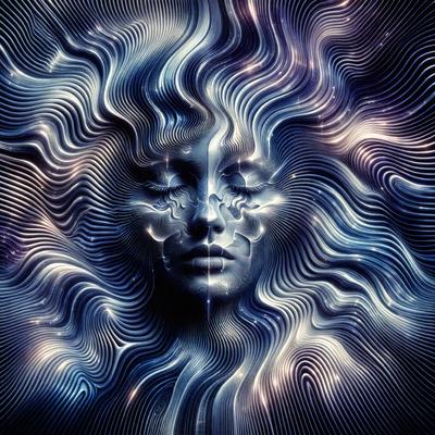 The primary subject of the image is a woman with long hair, who appears to be sleeping. She is surrounded by a blue and purple background, which adds to the overall mood of the scene. The visual style of the image is digital art, as it features a surreal and abstract representation of the woman's face. The colors and mood of the image are serene and dreamy, with the woman's peaceful expression and the soothing tones of the background.